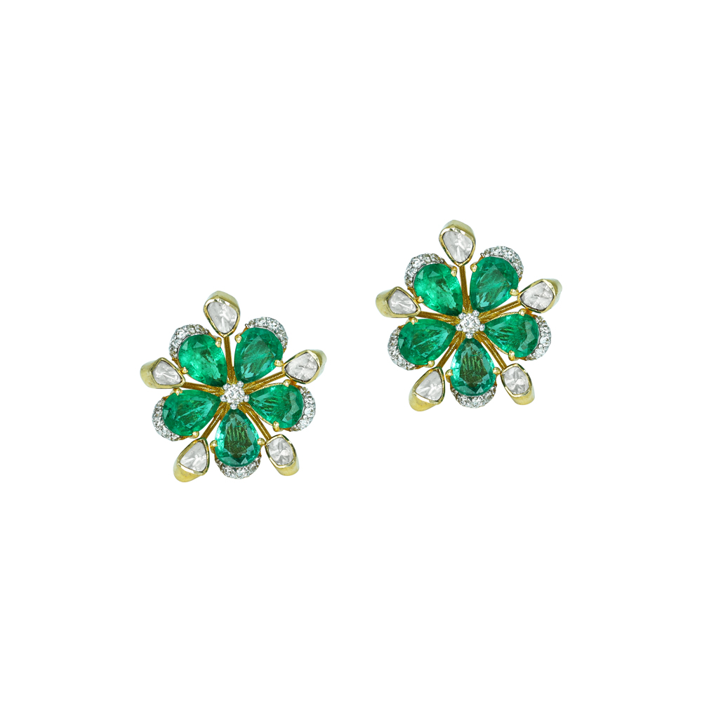 Floral Polki Stud Earrings with Emerald Petals and Diamonds